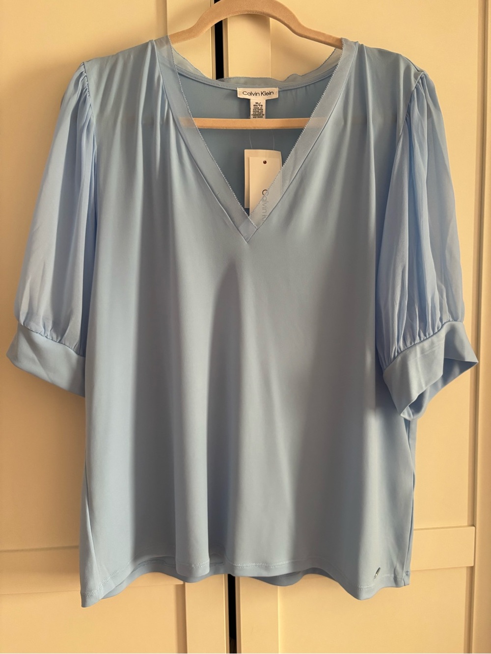 Calvin Klein Light Blue V-Neck Puff Sleeve Top
